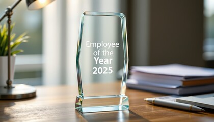 Employee of the Year 2025: A Clear Glass Trophy Symbolizing Achievement and Success in Corporate Recognition on a Wooden Desk.