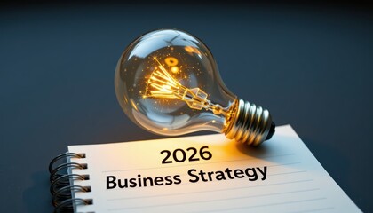 Bright Idea for 2026 Business Strategy: Glowing Lightbulb Illuminating Notebook Concept