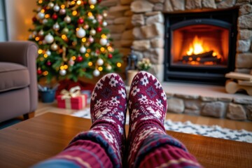 Cozy Christmas: Feet in Socks by Fireplace and Tree - Relaxing Holiday Scene at Home