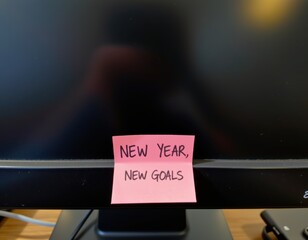 Pink sticky note on a computer monitor reads 'New Year, New Goals', perfect for back-to-work resolutions, productivity and goal-setting imagery.