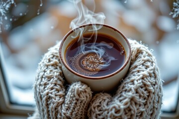Cozy Winter Warmth: A Cup of Tea in Mittened Hands by a Frosty Window, Steam Rising in Delicate Patterns.