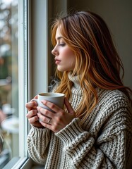 Cozy Moment: Woman Enjoying Tea by the Window on a Chilly Day, Wearing a Warm Sweater, Lost in Thought and Serenity