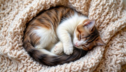 Adorable Tabby Kitten Curled Up Asleep on a Soft, Cream-Colored Knitted Blanket - Cozy, Warm and Peaceful
