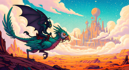 Fantasy Flight Gargoyle Rider soaring towards a distant city