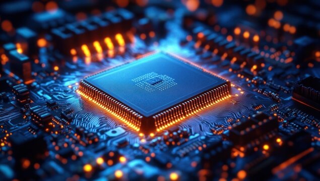 Close-up view of a glowing microchip on a complex circuit board with blue and orange lighting depicting advanced technology and digital connectivity