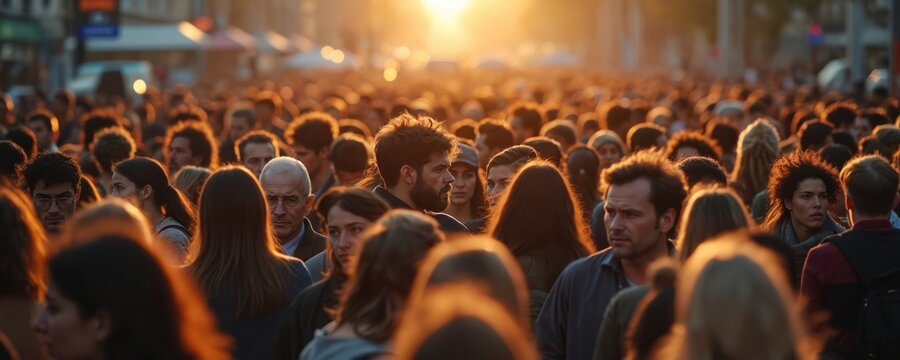 Large crowd of diverse people walk on busy city street during golden hour. Warm sunlight bathes faces, creates ethereal glow. Urban scene of daily life, constant movement, human connection in noisy