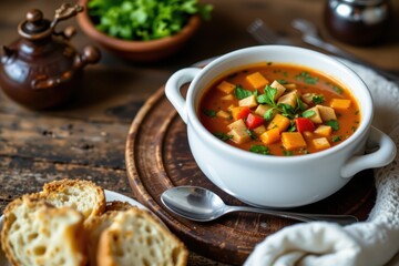 Comforting Bowl of Homemade Vegetable Soup with Rustic Bread on Wooden Table - Top-Down View for Stock Photography