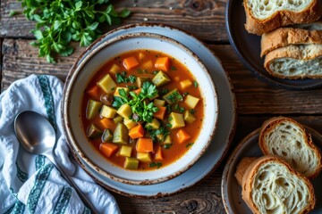 Rustic Vegetable Soup with Crusty Bread on Wooden Table: A Hearty and Healthy Comfort Food Meal, Top View