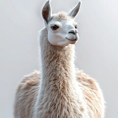 Obraz premium close-up of a fluffy white and light brown llama looking calmly with alert ears against a soft gradient background