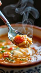 Steaming Comfort: Spoonful of Hot Minestrone Soup with Pasta and Vegetables, Perfect for Cold Days, Food Photography