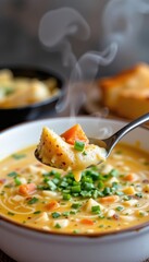 Comforting Bowl of Hot, Steaming Potato Soup with Carrots and Chives: A Spoonful of Warmth and Deliciousness.