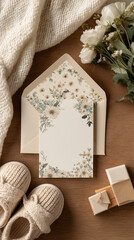 優しさが包む赤ちゃんへのナチュラルギフト｜布と紙の構成、手触り感、ドライフラワー、木目背景、招待状、出産のお知らせ、ベビーカード、ベージュインテリア