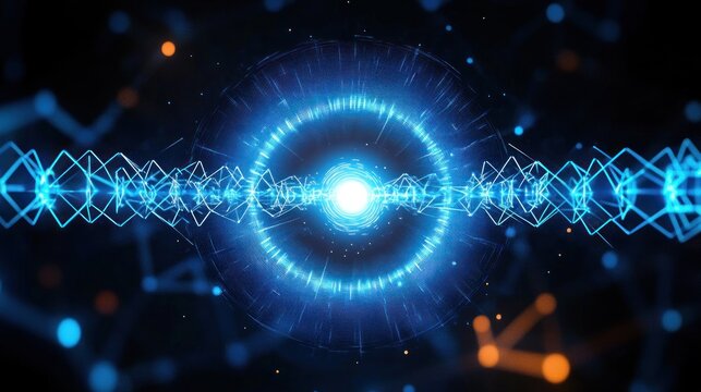 Bright glowing blue circle with concentric rings and surrounding network of interconnected geometric shapes on dark background conveying energy and futuristic technology - Powered by Adobe