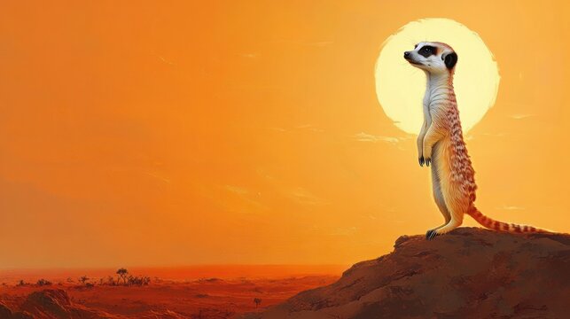 meerkat standing alert on a rocky hill during a bright orange sunset with vast desert landscape in the background