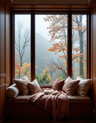 Cozy Window Seat with Pillows and Autumn Forest View: Relaxing Interior Design and Seasonal Scenery