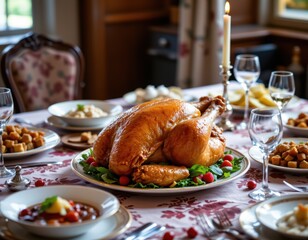 Thanksgiving Dinner Feast: Perfectly Roasted Turkey on Lavish Table with Side Dishes and Candlelight.