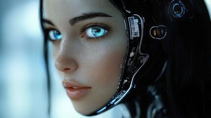 Close-up of a futuristic human-like female cyborg with glowing blue eyes and intricate mechanical details on the side of her face expressing calm and curiosity