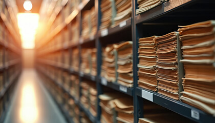 Fototapeta premium Shelves with many folders, documents in office archive storage. Black metal racks with paper files, documents. Organized paperwork, documents storage in company warehouse library. Files on shelf with