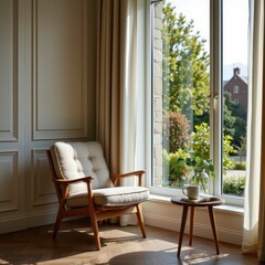 Inviting Armchair by Window: Cozy Reading Nook with Book and Coffee Mug for Relaxing and Enjoying a Quiet Moment Indoors