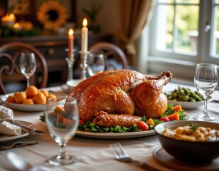 Festive Thanksgiving: Golden-Brown Turkey Feast on a Lavishly Set Table, Steaming and Ready for Celebration.