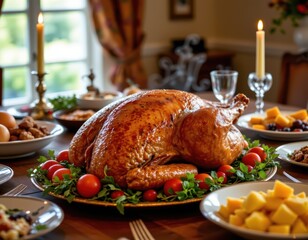 Festive Thanksgiving Dinner: Golden Roasted Turkey Centerpiece on a Lavish Table with Side Dishes and Glowing Candles, Ready for a Holiday Celebration.