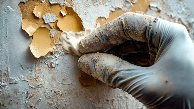 Close-up of a gloved hand applying putty to a wall with peeling paint during wall repair process