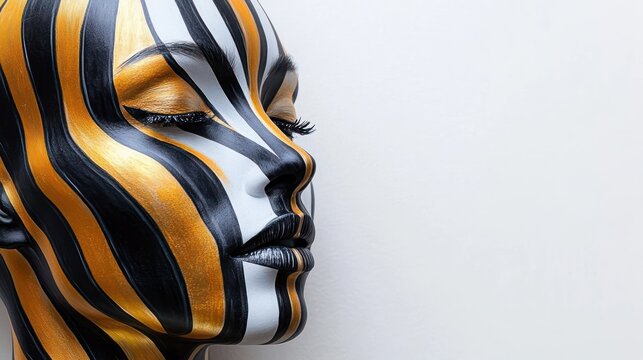 Close-up side profile of a person's face painted with bold black, gold, and white stripes with eyes closed, conveying calmness and artistic expression
