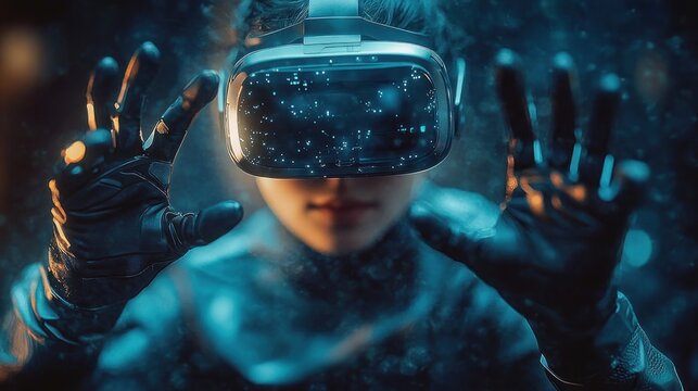 Person wearing virtual reality headset and gloves reaching out with both hands in a futuristic, smoky environment with blue and orange lighting - Powered by Adobe
