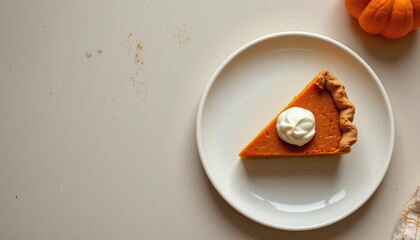 Perfect Slice of Pumpkin Pie with Whipped Cream on White Plate, Autumn Dessert Thanksgiving Treat Delicious