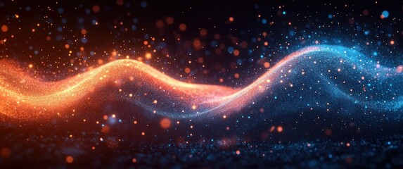 Abstract dynamic wave of glowing orange and blue particles against dark background representing energy flow and motion
