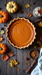 Delicious Homemade Pumpkin Pie on a Rustic Wooden Table with Autumn Leaves and Spices for a Festive Fall Season