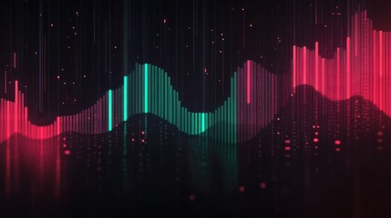 Abstract digital 3D waveforms composed of vertical neon bars in red and green shades on a dark background creating a futuristic data visualization effect with floating light particles