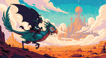 Fantasy Fowl Flight A Majestic Bird Creature Over a Desert Landscape
