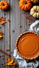 Festive Autumn Pumpkin Pie: Delicious Thanksgiving Dessert with Rustic Wooden Background and Seasonal Decoration