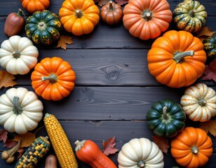 Autumn Harvest Bounty: Flat Lay of Pumpkins, Gourds, Corn, and Squash on Rustic Wood, Perfect for Thanksgiving and Fall Themes