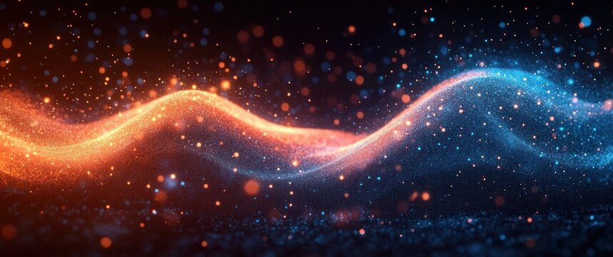 Abstract dynamic wave of glowing orange and blue particles against dark background representing energy flow and motion