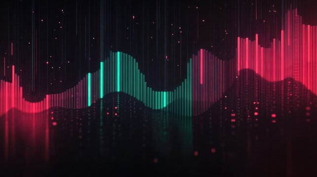 Abstract digital 3D waveforms composed of vertical neon bars in red and green shades on a dark background creating a futuristic data visualization effect with floating light particles