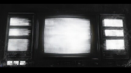 Black and white image of multiple vintage CRT television screens emitting static light in a dark, grainy environment