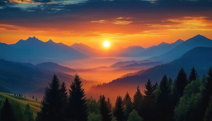 Sunrise over layered mountain ranges with pine trees in the foreground and warm orange and blue sky hues creating a serene and majestic landscape