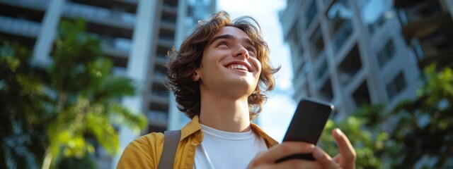Young man smiling and looking up while holding a smartphone outdoors in a sunny urban environment with tall buildings and greenery around