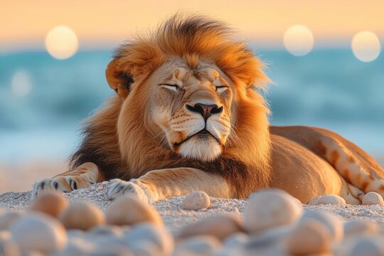 A majestic male lion resting on a rocky beach with eyes closed, basking in warm sunlight with a calm ocean in the background
