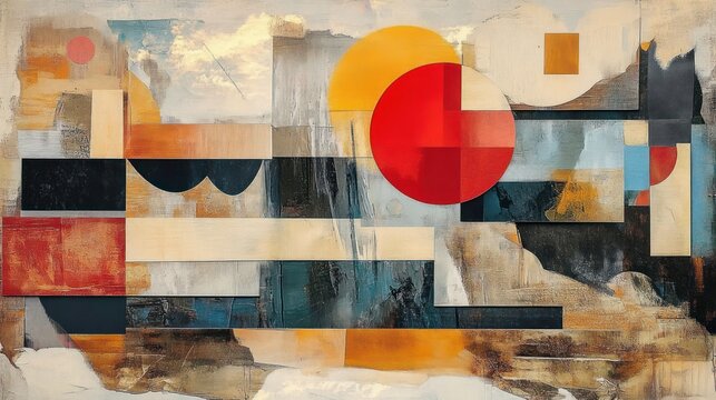 abstract geometric composition with overlapping rectangles, squares, and semicircles in warm tones of red, orange, beige, and dark blue creating dynamic layered visual texture - Powered by Adobe