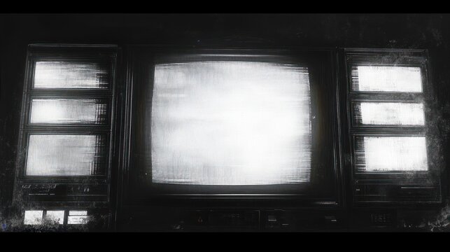 Black and white image of multiple vintage CRT television screens emitting static light in a dark, grainy environment - Powered by Adobe