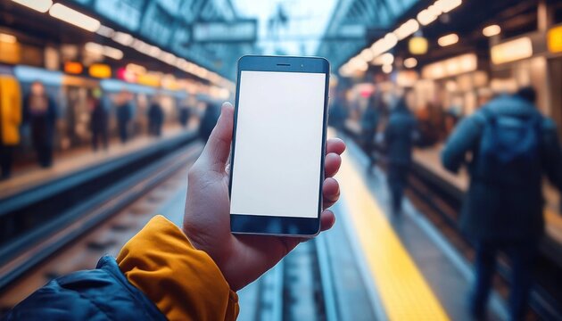 Hand holding smartphone with blank white screen in busy train station platform filled with commuters and blurred background - Powered by Adobe