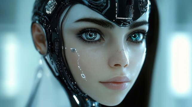 close-up of a futuristic female android with detailed mechanical circuits integrated into the skin and glowing blue eyes showing advanced technology and lifelike realism - Powered by Adobe