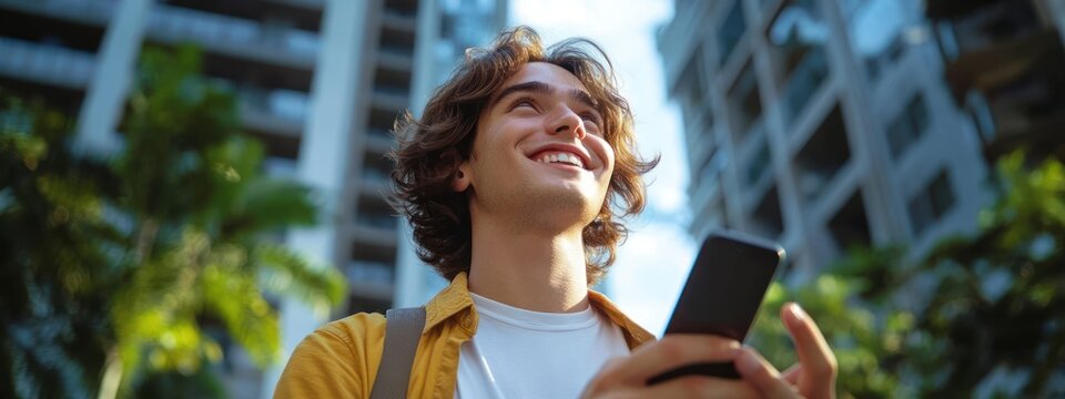 Young man smiling and looking up while holding a smartphone outdoors in a sunny urban environment with tall buildings and greenery around