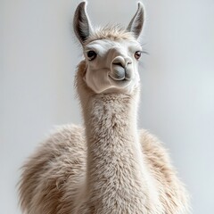 Naklejka premium close-up portrait of a calm and curious llama with soft fluffy fur against a plain light background