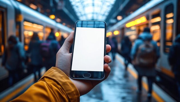 Person holding smartphone with blank screen in a crowded train station with trains on both sides and blurred passengers walking