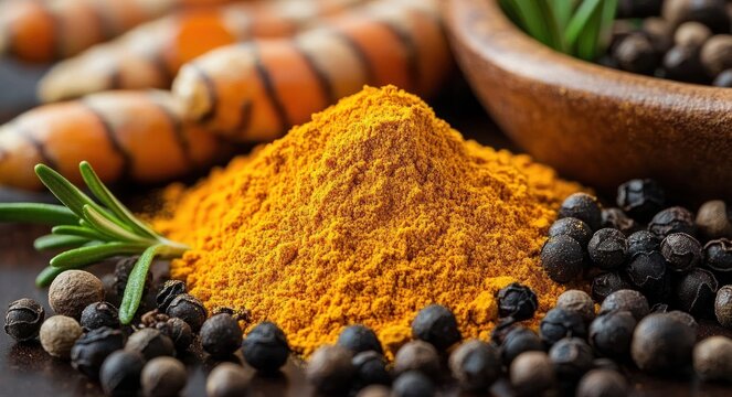 Close-up of a pile of bright orange-yellow turmeric powder surrounded by whole black peppercorns and turmeric roots with fresh rosemary leaves on a rustic surface