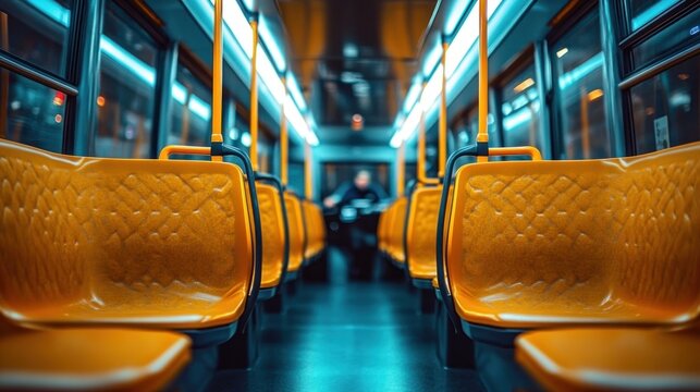 Empty modern public transport bus interior with vibrant yellow seats and blue lighting, creating a calm and futuristic atmosphere